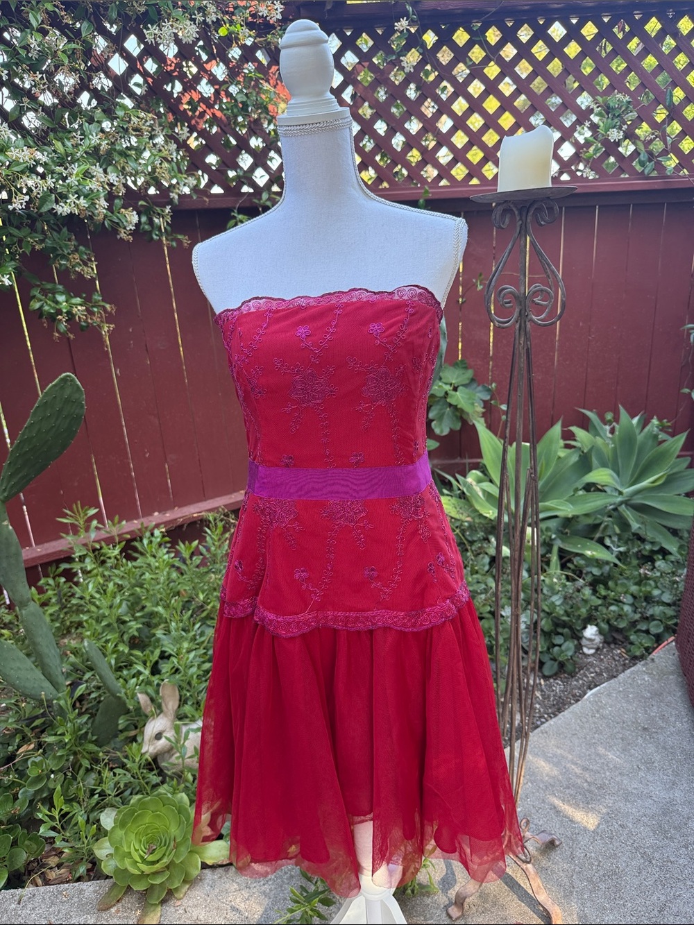 Pearl Strapless Red Cocktail Dress with Purple Waistband